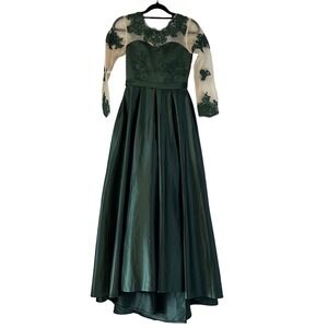 Emerald Green Lace Illusion Long Sleeve High Low Evening Gown Size 12. NEW